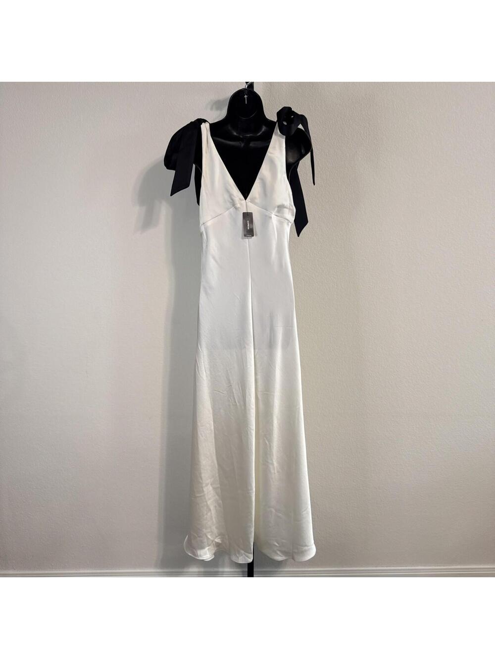 Express Cream Satin V-Neck Midi Cami Slip Dress w/ Black Ties on Shoulder - MED - Picture 5 of 13